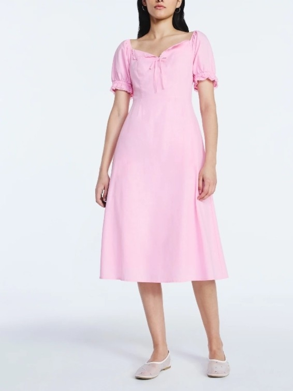 NWT Scoop Pink Puff Sleeve Lace Trim Midi Dress Size S4-6 M8-10 Sweetheart Neck